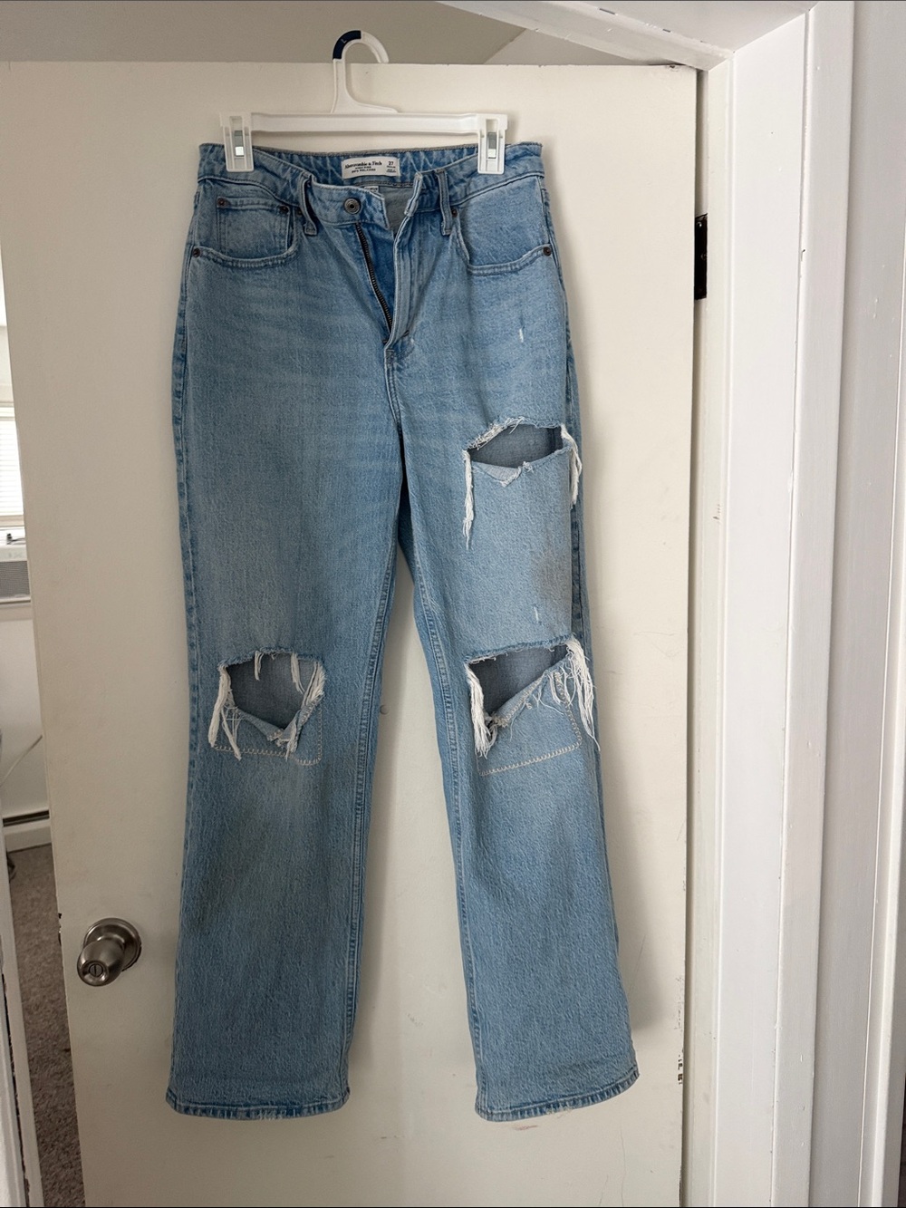 Abercrombie & Fitch Light Blue Distressed Straight Leg Jeans with Knee Rips